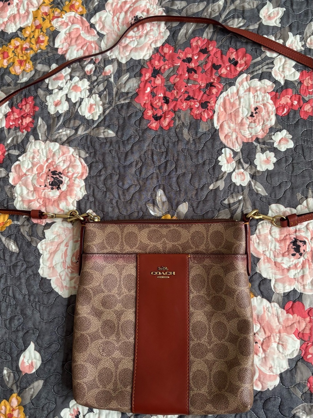 Coach Tan and Brown Signature Crossbody Bag with Rust Trim